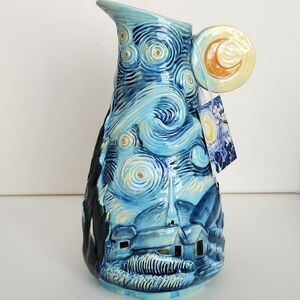 Corner Ruby Starry Night Van Gogh Ceramic Pitcher Vase with Crescent Moon Handle
